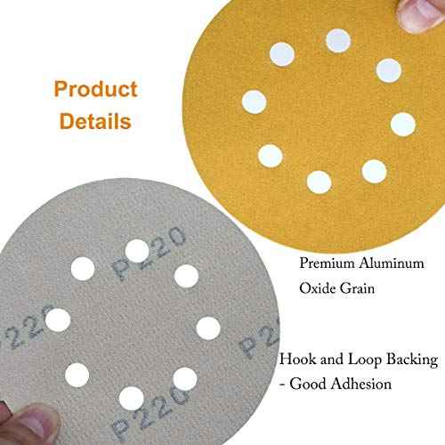 5-Inch 8-Hole Hook and Loop Sanding Discs 220-Grit Random Orbit Sandpaper, 50-Pack