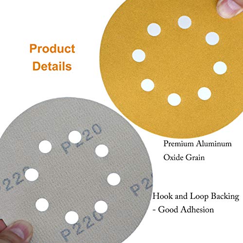 Aiyard 100-Pack 5-Inch 220 Grit Hook and Loop Sanding Discs with 8 Holes
