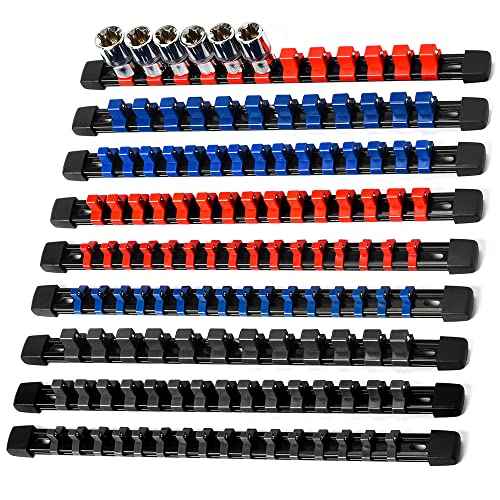 Socket Organizer Drive ABS Tools-Socket Holder, Premium Quality 9 Pieces Holders Kit 1/4-Inch x 48 Clips, 3/8-Inch x 45 Clips, 1/2-Inch x 36 Clips