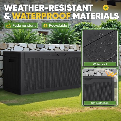 Greesum 100 Gallon Black Outdoor Storage Box with Lid, Lockable & Waterproof