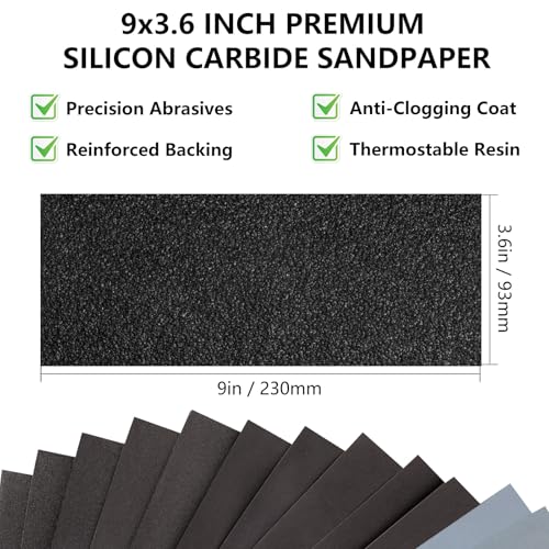 Shineboc Wet Dry Sandpaper Assortment 21 Sheets 9x3.6 Inch, Grit Mix 120-2000, Includes Variation of 9 x 3-2/3 Inch, Multi-Grit