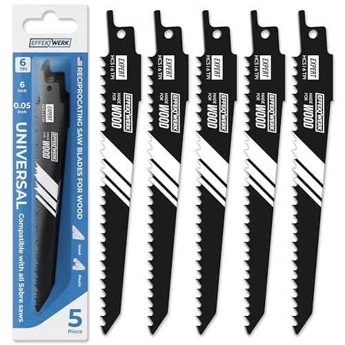 E?Werk - Reciprocating Saw Blades for Wood - 5 Pieces - High Carbon Steel (HCS) Sabre Sawblades for Wood & Plastic Cutting - Superior Strength, Wear Resistance & Durability - 6 TPI (Teeth per Inch)