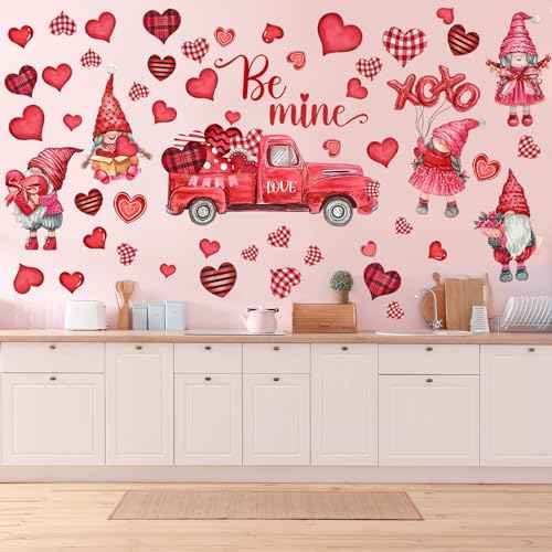 6 Sheets 54 Pieces Valentine¡®s Day Wall Decals Removable Decals Gnome Wall Stickers Love Heart Pattern Cupid Decal Valentine¡®s Day Decoration for Living Room Anniversary Party Home Decor