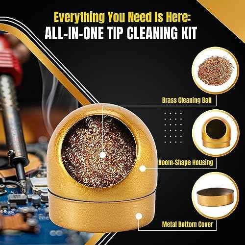 Flexzion Solder Cleaner with Brass Wool Soldering Wire Sponge and Gold, Dome-shaped, Non-Slip Solder Sponge Tray Housing, Soldering Iron Tip Cleaner, No Water Needed