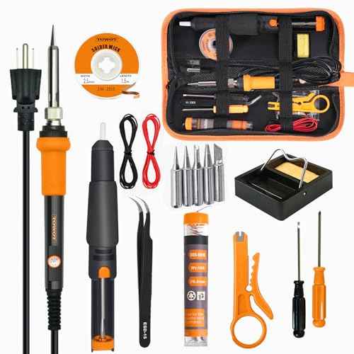 TOWOT Soldering Iron Kit, Electronic Soldering Iron 60W Adjustable Temperature, Deoldering Pump, Tin Wire, Solder Wick, Tweezers, Soldering Iron Tips Set, Soldering Iron Stand, Wire Strippers