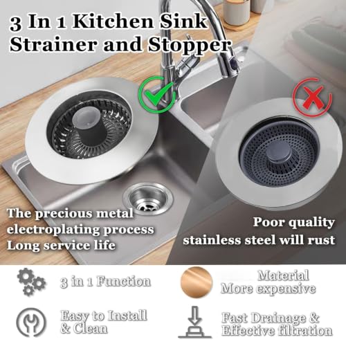 BAOLSLS Chrome Silver 3-in-1 Kitchen Sink Stopper & Strainer, Pop Up Drain