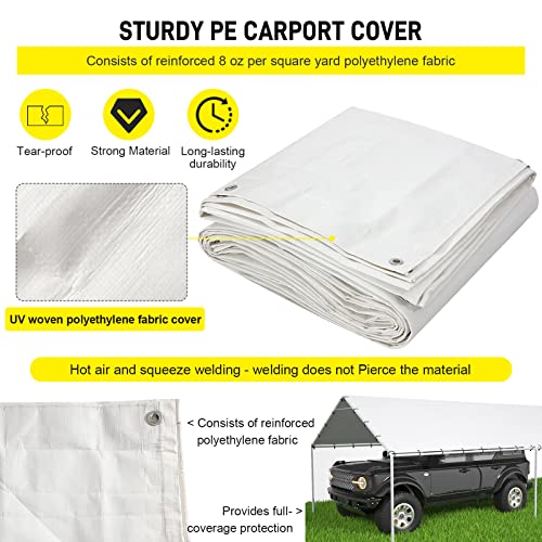 10x20ft White Carport Canopy Replacement Cover with Bungee Cords - Waterproof UV Resistant Shelter