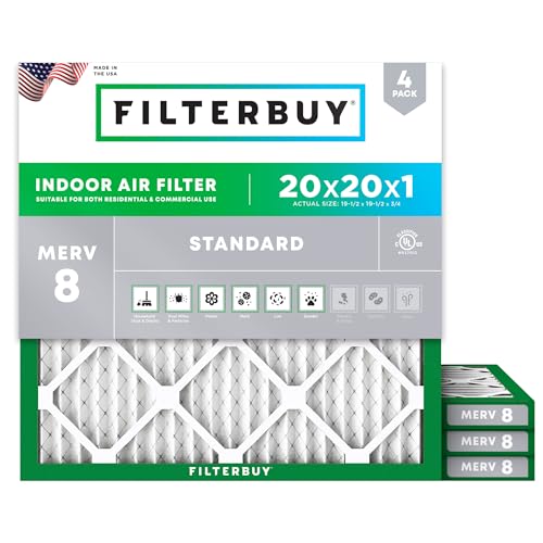 Filterbuy 20x20x1 MERV 8 Air Filter - Dust & Allergy Defense (4-Pack) - Replacement HVAC Filter