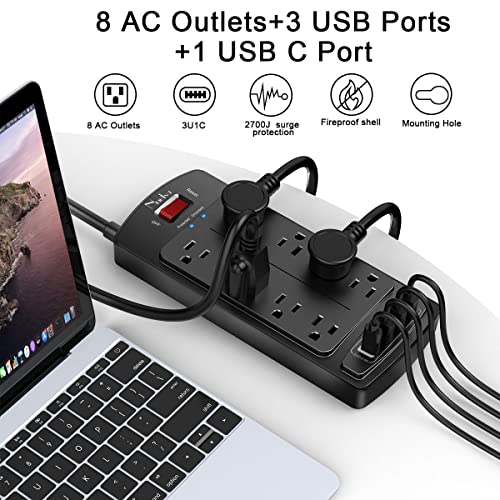 Nuetsa Black Surge Protector Power Strip with 8 Outlets & 4 USB Ports, 6ft Extension Cord