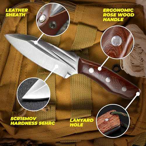 Pocket Fixed Blade Knife with Wood Handle and Leather Sheath for Camping, Outdoor Hunting,Tactical, Survival and EDC