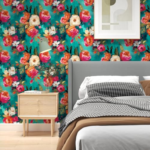 BOKEBEVE Floral Boho Peel and Stick Wallpaper Teal Blue 17.5 x 78.5 Inches