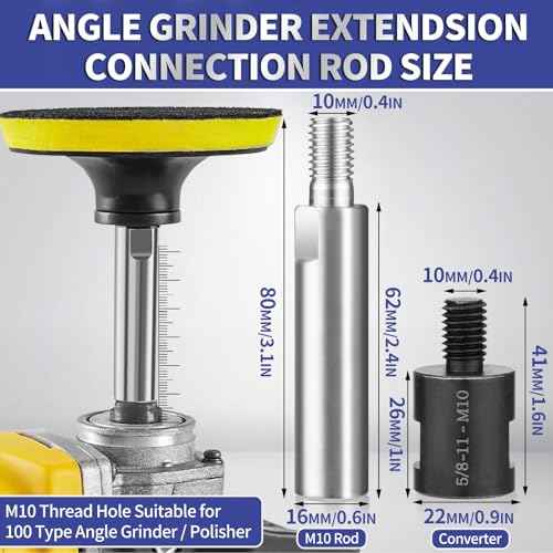 Angle Grinder Extension Rod 3/8" M10 Thread Shaft Connecting Kit 8PCS for 100 Type Angle Grinder & Polisher Attachments with Fixed Wrench, Converter Female to M10 Male and Flange Nut Set