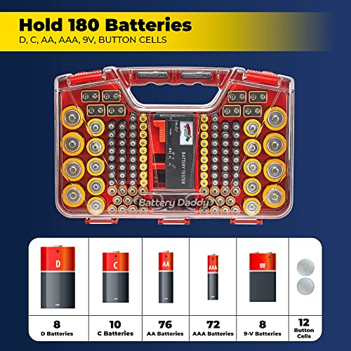 Battery Daddy Red Battery Organizer Case with Tester Holds 180 Batteries