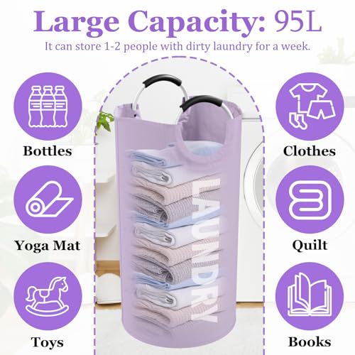 IHOMAGIC 95L Purple Folding Laundry Basket with Handles – Large Laundry Hamper, Portable Dirty Clothes Organizer (L-95L / Purple)