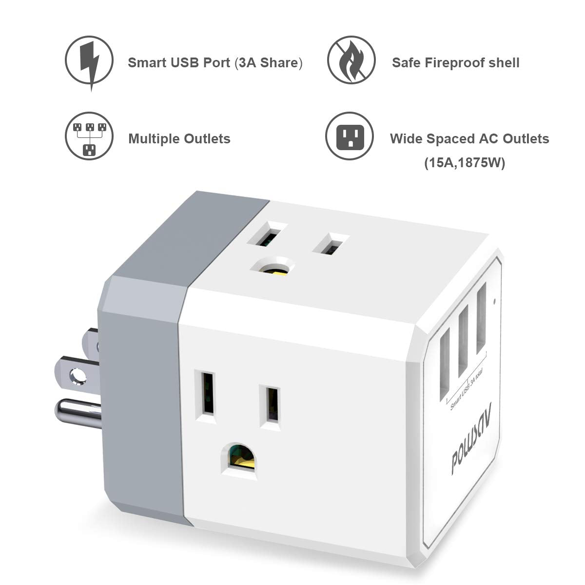 3-Outlet USB Wall Charger and Extender with 3-Way Splitter, ETL Listed - for Home, Office, Cruise Ship
