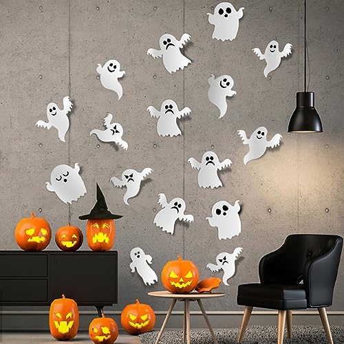3D Halloween Ghost Stickers - 42 Pcs Reusable Self-Adhesive White Decals for Wall Decorations - Party Supplies for Gothic Home Window Door Room Decor