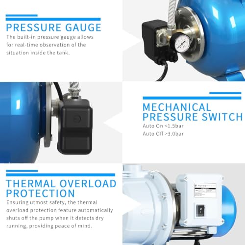 Blue 1.5HP Shallow Well Pump with Pressure Tank, 1340GPH, Automatic Irrigation Water Booster System