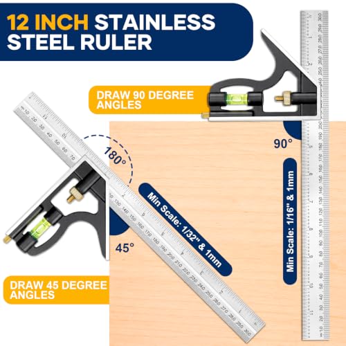 Combination Square 12 Inch and 7 Carpenter Tool Set
