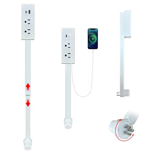 Electrical Outlet Extender with Extendable Stick, Access Hard-to-Reach Outlets! Features USB-A, USB-C, and 2 AC Outlets, 180° Rotating Power Socket Extender - Use Behind Couches, Nightstands, Desks