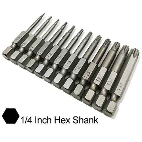Torx Head Screw Driver Bit 12 Pcs Security Torx bit set T5 T6 T7 T8 T9 T10 T15 T20 T25 T27 T30 T40 Size 2 inch Length 1/4 Hex Shank S2 Steel Magnetic Star 6 Point Screwdriver bit set