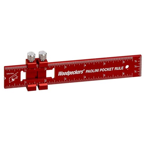 Woodpeckers Paolini Pocket Rule, Aluminum, 6 Inch, Woodworking Ruler with Sliding Stop, Vertical End Scale, Scribing Notch, Engraved Scales