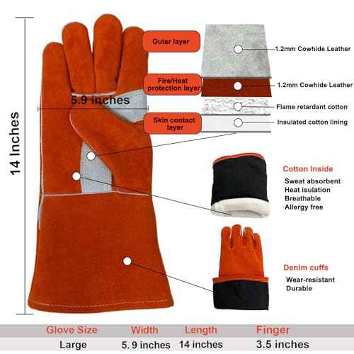 Welding Gloves 14 Inches, 932¢µ Heat Fire Resistant Leather Welding Gloves for Tig/Mig/Stick, Mitts for BBQ/Oven/Grill/Fireplace/Furnace/Stove/Animal Handling Gloves with Soft Lining (Red)
