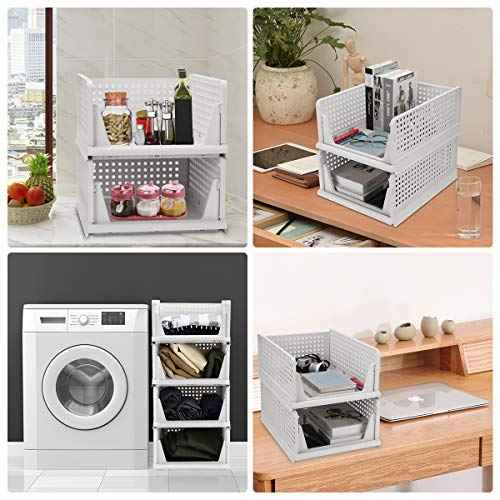 Phyllia 4 Pack Closet Organizers Stackable Storage Bins, Plastic Collapsible Drawer Basket for Kitchen Cabinets, Pantry, Offices, Bedrooms, Bathrooms,White