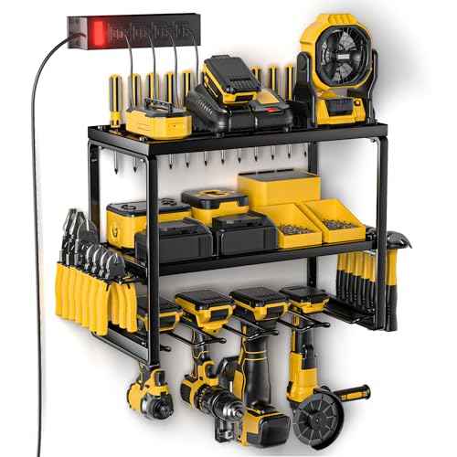 Power Tool Organizer Wall Mount with Charging Station, Tool Storage with 4 Outlet Power Strip, 4 Slots for Cordless Drill, Drill Holder Heavy Duty Rack, 3 Layers Garage Shelving for Workshop