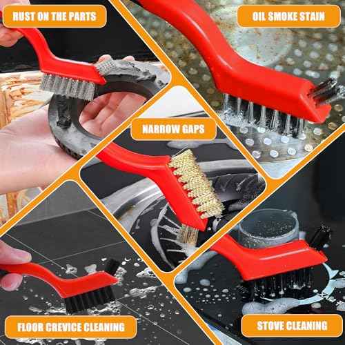 6Pcs Wire Brushes for Cleaning Rust, Small Wire Brush, Wire Wheel for Drill Steel Brush for Cleaning with Nylon, Brass, Stainless Steel, and Carbon Steel Bristles - 7-Inch Handle & 1/4-Inch Hex Shank