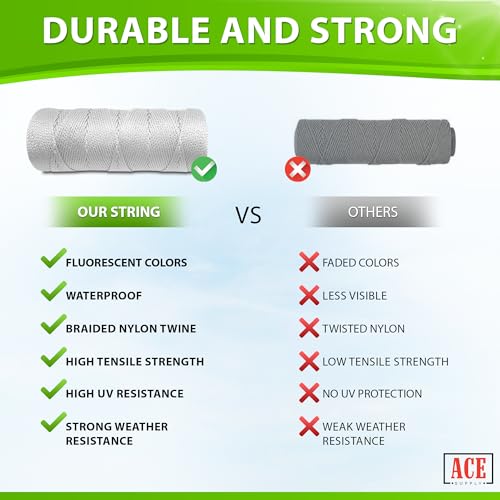 ACE Supply 250 Ft White Braided Nylon Twine - Strong Outdoor Garden String, Supports & Marking Rope