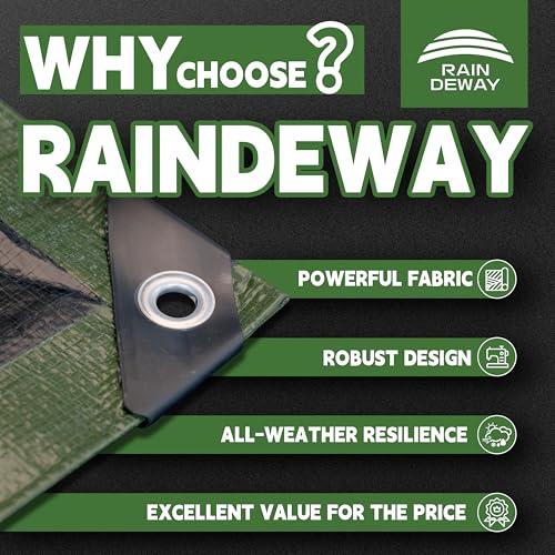 RAINDEWAY 8x10 Feet Waterproof Poly Tarp - Green/Black, 9Mil Heavy Duty Cover