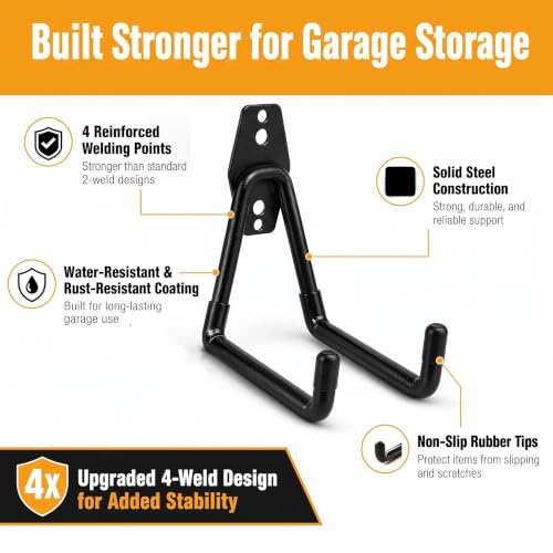 CRXCRC Black Large Square Garage Wall Hooks 4 Pack - Heavy Duty Ladder & Tool Hangers