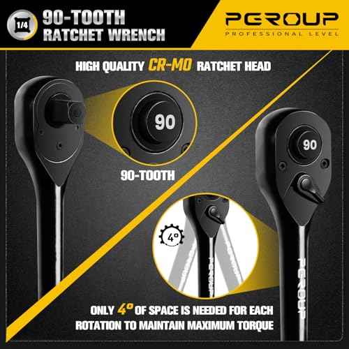 1/4-Inch Drive Ratchet Wrench, 90 Tooth Reversible Ratchet, 4-Degree Swing, Ergonomic Handle, Chrome Alloy Made, Quick Release Ratchet Wrench for Repairing, Home, DIY