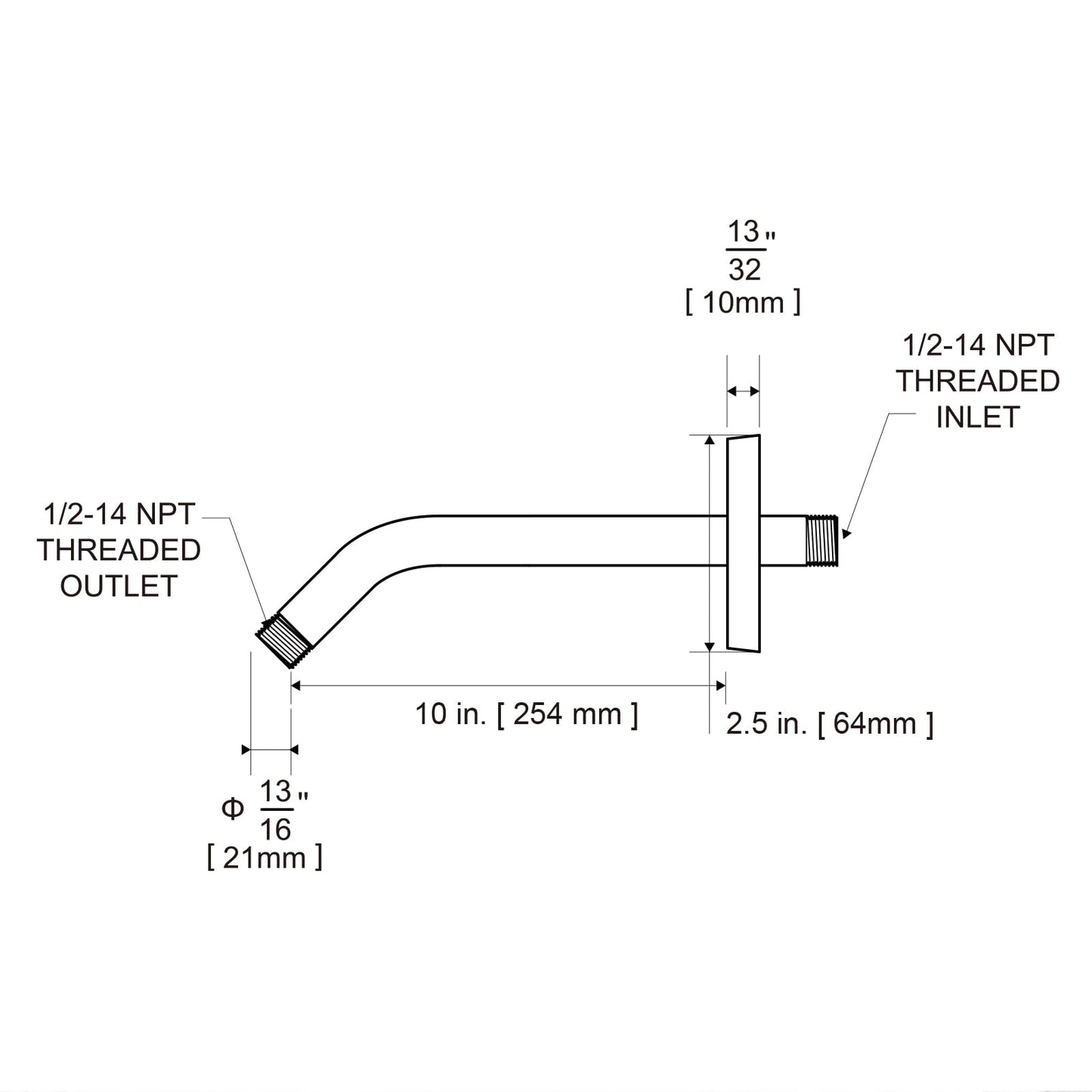 OFFO Shower Arm with Flange, 10 in Wall Mount Replacement Angle Shower Head Arm Wall-Mounted For Fixed Shower Head & Handheld Showerhead, Chrome