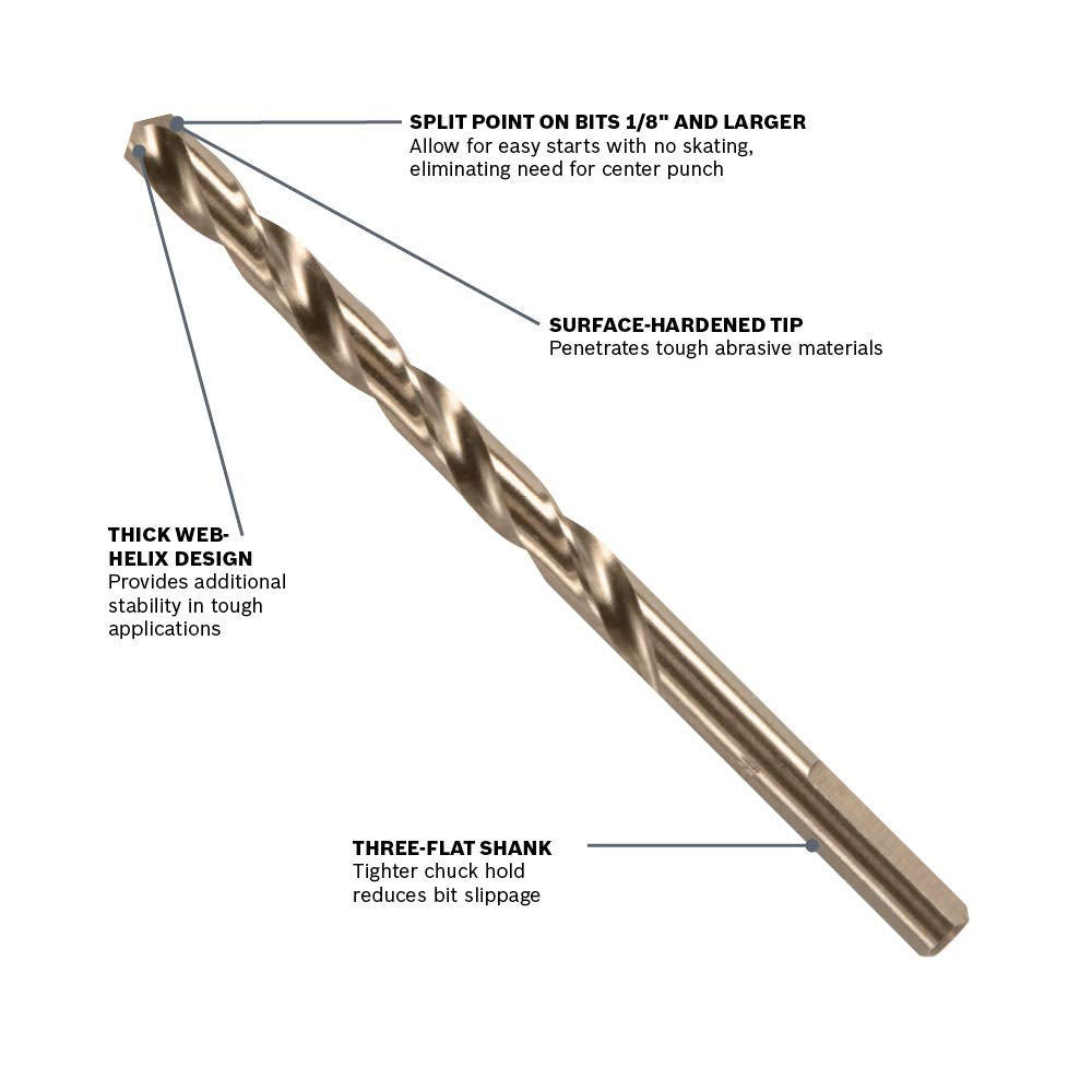 BOSCH CO14B 14-Piece Cobalt Drill Bit Set with Included Case - M42 Metal Drill Bits with Three-Flat Shank for Drilling Applications in Stainless Steel, Cast Iron, Titanium, and Light-Gauge Metal