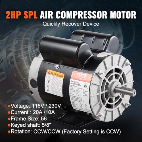 VEVOR 2HP Electric Air Compressor Motor 115/230V, 56 Frame, 1.88" Shaft, Reversible, Model 1 / 2P-1.88" Shaft Length