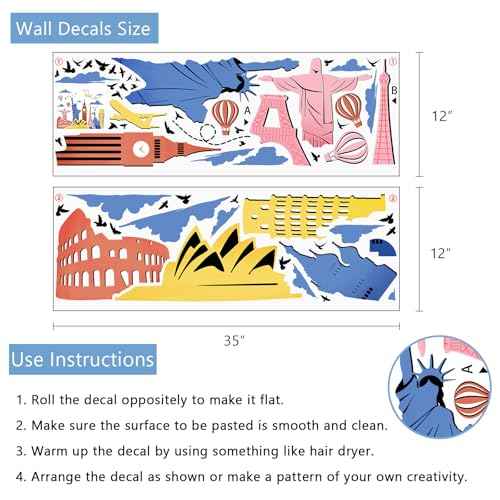 Yovkky World Famous Landmarks Buildings Wall Decals Stickers, Globe Travel Statue of Liberty Architecture Home Bedroom Decor, Airplane Hot Balloon Cloud Tourist Living Room Kitchen Decorations Art