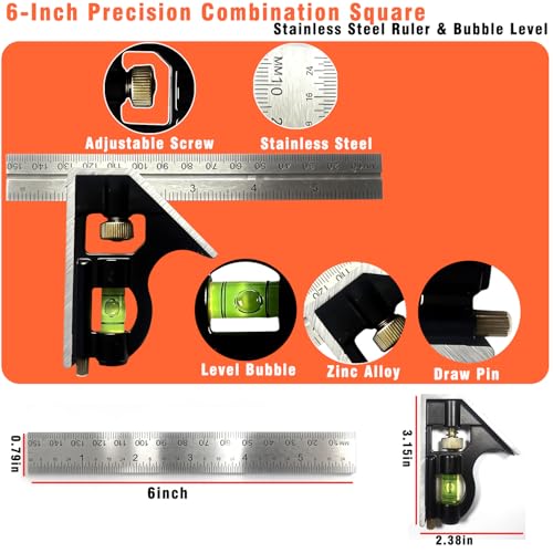 ALLWIN 6-Inch Combination Square with Stainless Ruler, Zinc Alloy Body, Bubble Level – Woodworking & DIY Precision