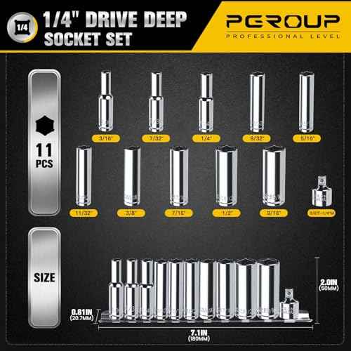1/4¡± Drive SAE Socket Set, 11PCS Deep Hex Socket Set (3/16¡±-9/16¡±), Cover Most Commonly Sizes, Chrome Vanadium Steel with 3/8¡±F to 1/4¡±M Socket Adapter