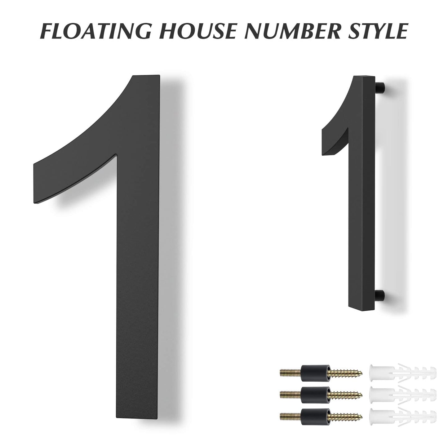 DEWEL 8 inch Floating Large House Numbers for Outside, Black Modern House Address Numbers Decor for 911 Visibility Signage with Nail Kits (House Number 1)