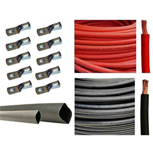 WNI 6 AWG 6 Gauge 10 Feet Black + 10 Feet Red Battery Welding Pure Copper Ultra Flexible Cable + 5pcs of 5/16" & 5pcs 3/8" Copper Cable Lug Terminal Connectors + 3 Feet Heat Shrink Tubing