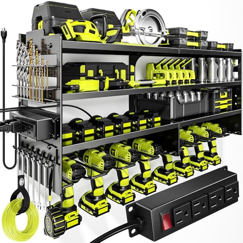 POKIPO Large Black Power Tool Organizer Wall Mount with Charging Station, 4 Layers, Heavy Duty Metal Supports 600lbs, 8 Drill Holders & Power Strip