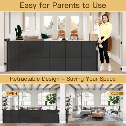 HEELALBABY 37-Inch Tall x 200-Inch Wide Black Retractable Baby Gate with Reinforced Bar - Indoor & Outdoor Mesh Fence for Pets & Kids