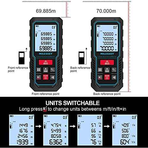 Laser Measure Device, MiLESEEY 229ft Digital Laser Tape Measure with Upgrade Electronic Angle Sensor, 2mm Accuracy, Area Measurement,Volume and Pythagoras, 2" LCD Backlit,Mute, Battery Included