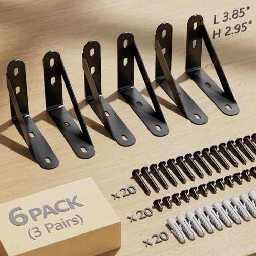 COCOYA Black 4x3 Wall Shelf Brackets 6 Pack with Screws & Anchors