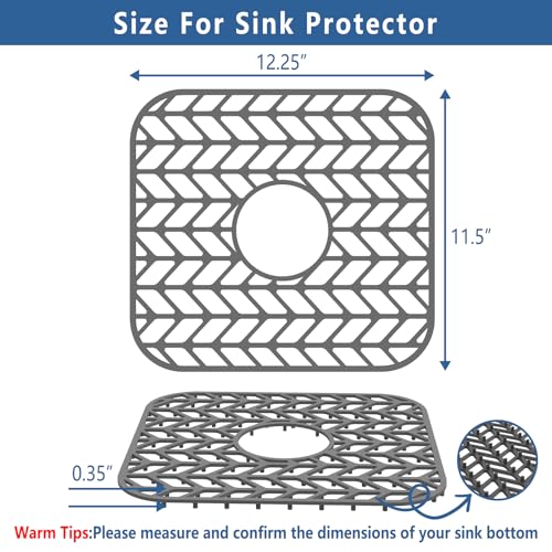 AWOKE Silicone Sink Protectors 12.25 x 11.5 Inch 2-Pack for Kitchen Sink with Center Drain Hole, Anti-Slip, Dishwasher Safe, Gray