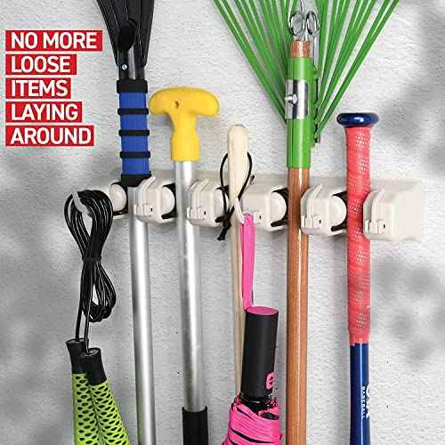 Mop and Broom Holder Wall Mount 2 Pack - Garage Storage Organizer with 5 Slots, 6 Hooks, 7.5lbs Capacity Per Slot - Home, Kitchen, Closet, Laundry Room Organization ? Off-White Broom Hanger