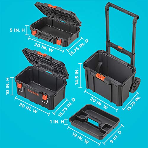 Beyond BLACK+DECKER Stackable Storage System - 3 Piece Set with Rolling Tote, Deep & Shallow Toolboxes - Portable Organizer