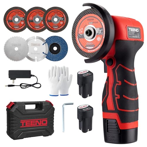 TEENO Red Cordless Angle Grinder Kit 19,500 RPM 3-Inch with Dual 16.8V Batteries & 6 Cutting Discs