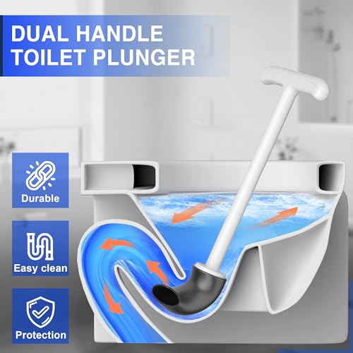 White Wall-Mounted Toilet Plunger with Holder | Upgraded Dual Handle Design